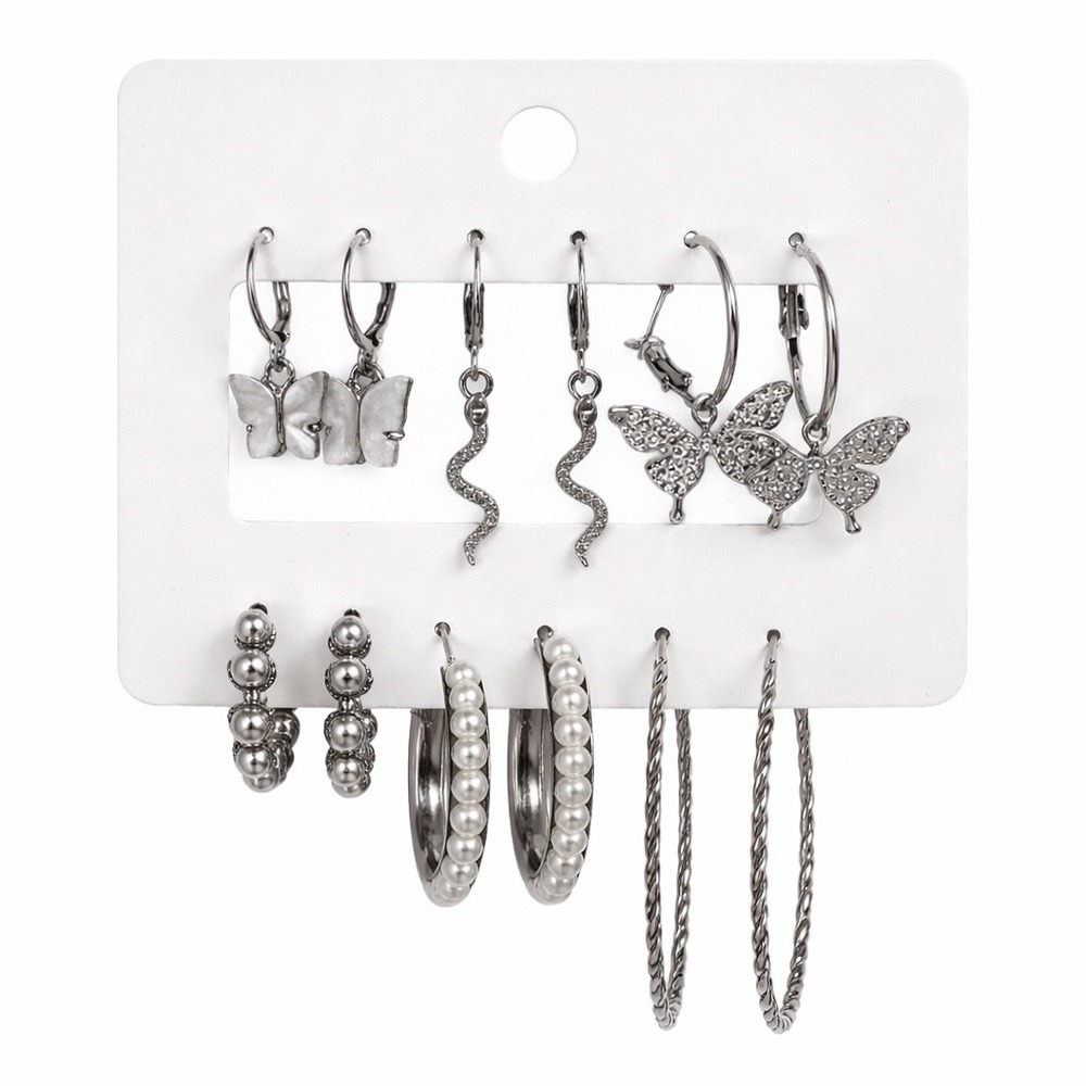 6 Pair Silver Earring Set Butterfly Snake Faux Pearl Hoop Stud Huggie Jewelry